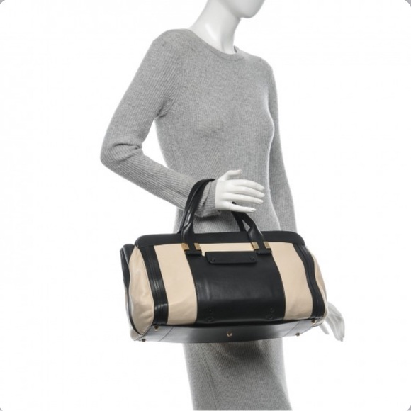 CHLOE Alicia Black Cream Leather Gold Hardware Extra Large Duffel Tote Satchel - Picture 2 of 16
